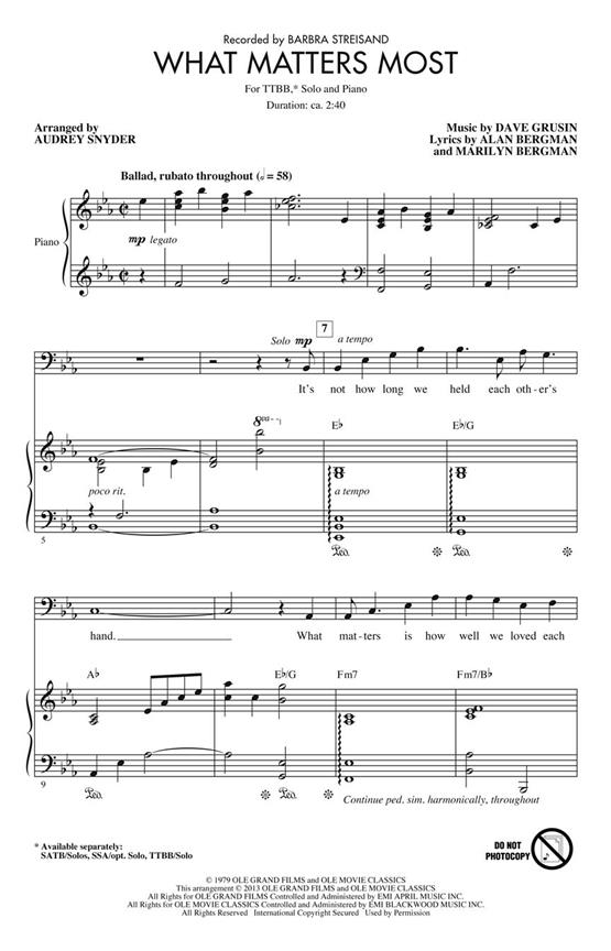 Bergman/Grusin What Matters Most (Arr Snyder Audrey) Ttbb & Solo Chor