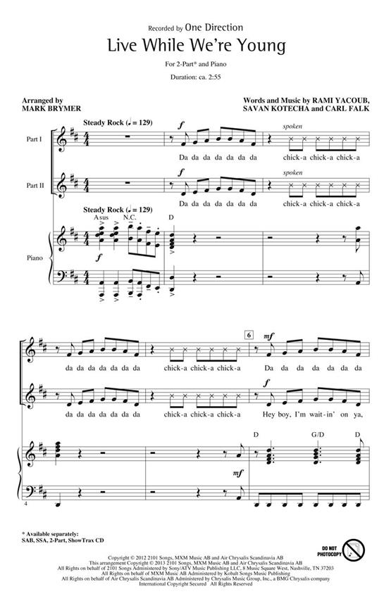 One Direction Live While We're Young (Arr Brymer Mark) 2pt Mixed Chor