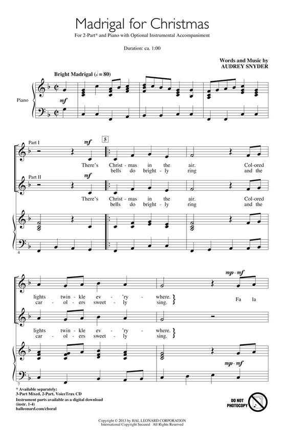 Snyder Audrey Madrigal For Christmas 2 Part Choral