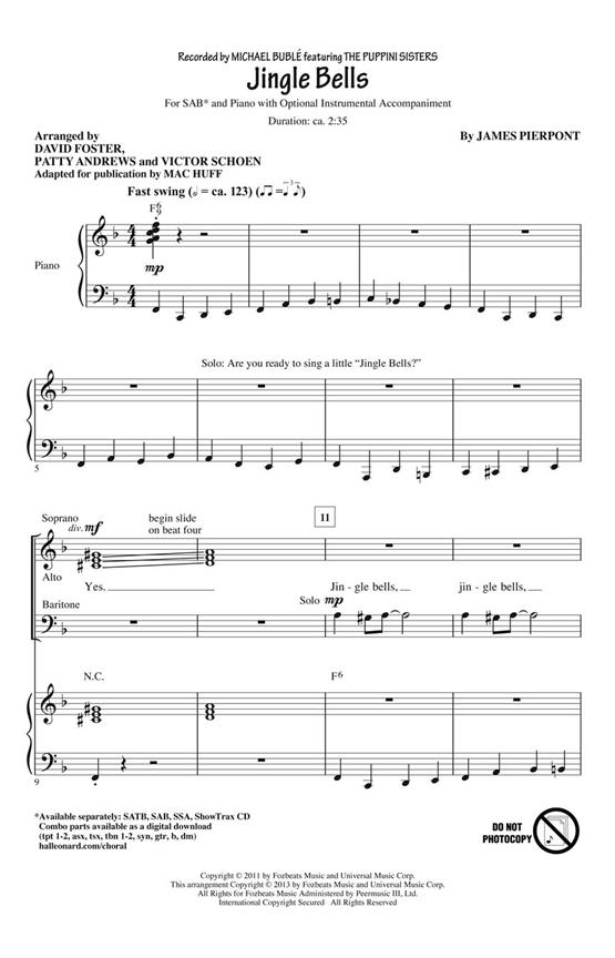 Pierpont James Jingle Bells (Arr Huff Mac) Sab Choral