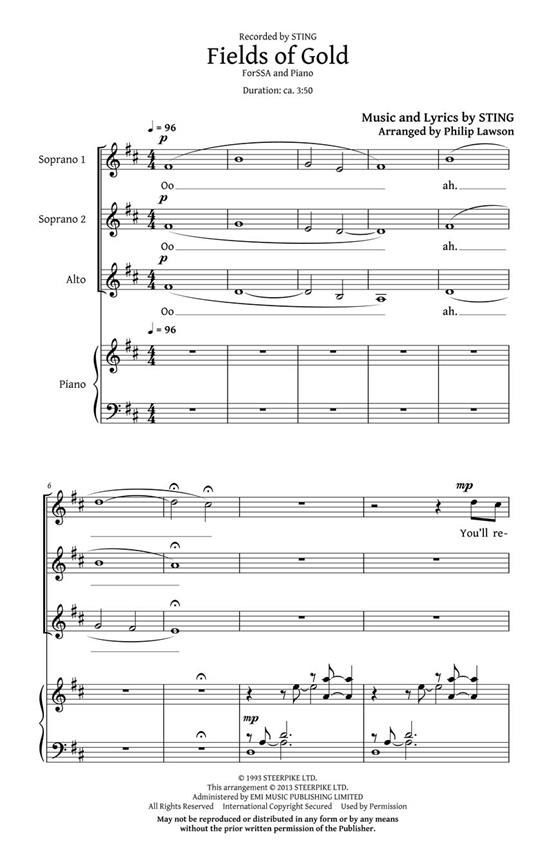 Sting Fields Of Gold (Arr Lawson Philip) Ssa Choral