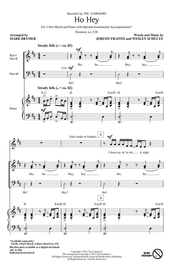 The Lumineers Ho Hey (Arr Brymer Mark) 3 Part Mixed Choral