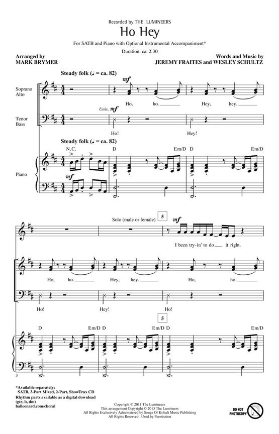 The Lumineers Ho Hey (Arr Brymer Mark) Showtrax Cd