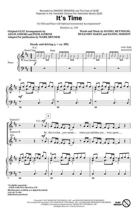 Imagine Dragons It's Time (Brymer/Anders/Astrom) Ssa Choral
