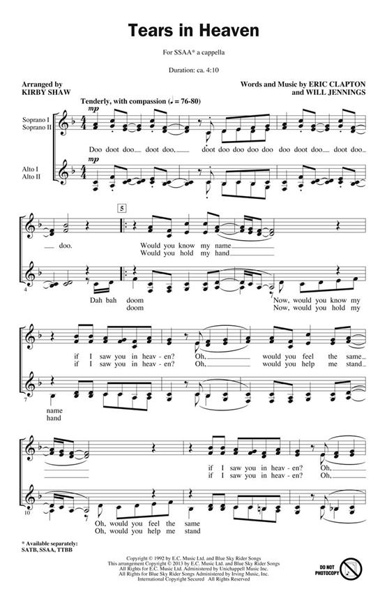Clapton/Jennings Tears In Heaven (Arr Shaw Kirby) Ssaa A Cappella Chor