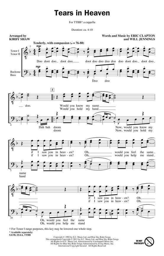 Clapton/Jennings Tears In Heaven (Arr Shaw Kirby) Ttbb A Cappella Chor