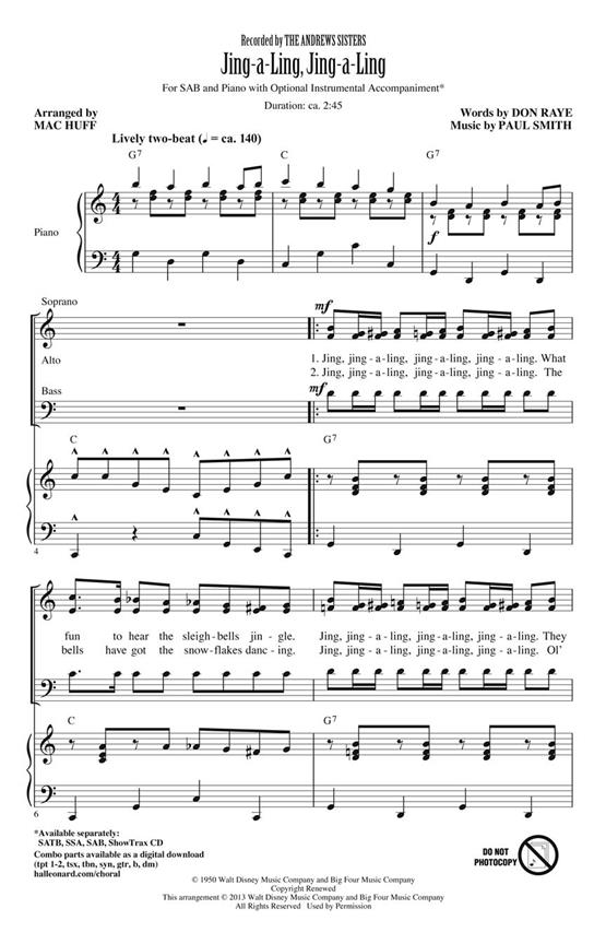 Raye/Smith Jing-A-Ling Jing-A-Ling (Arr Huff Mac) Sab Choral