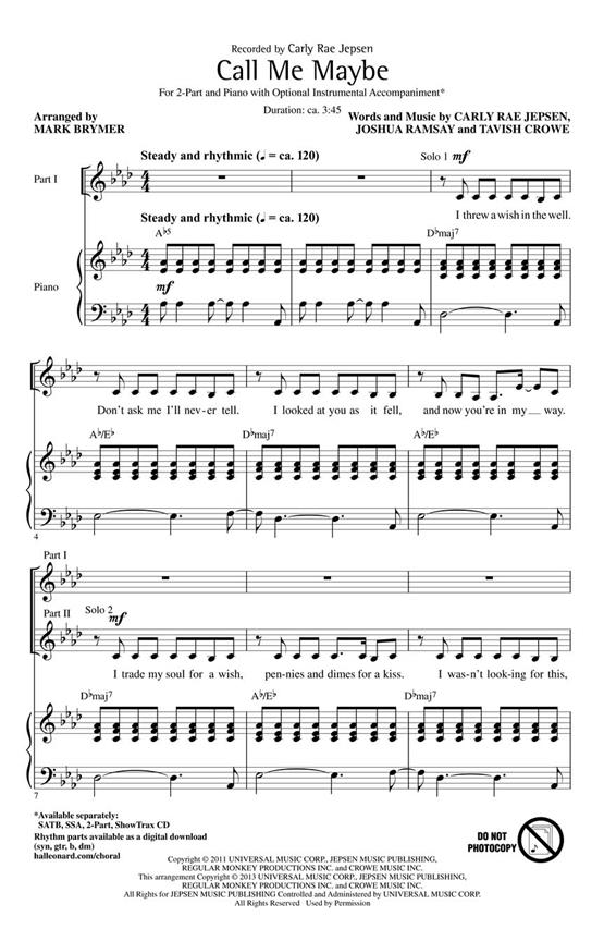 Jepsen Carly Rae Call Me Maybe (Arr Brymer Mark) 2 Part Choral