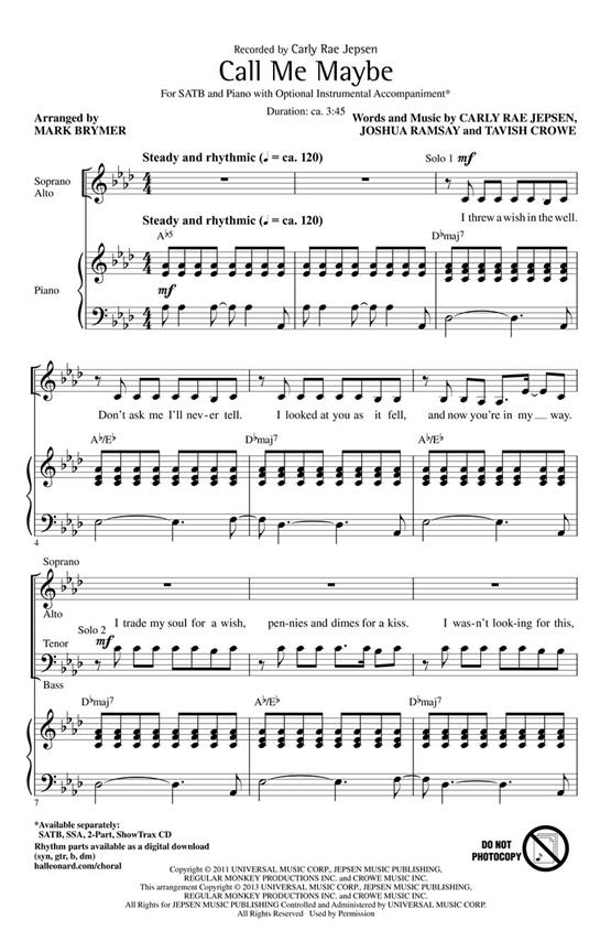 Jepsen Carly Rae Call Me Maybe (Arr Brymer Mark) Showtrax Cd