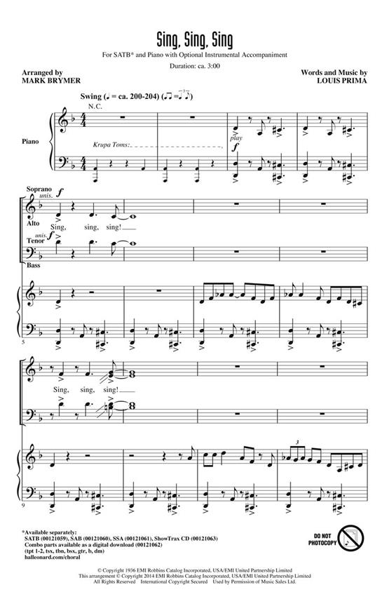Sing Sing Sing (Arr Brymer Mark) Showtrax Cd