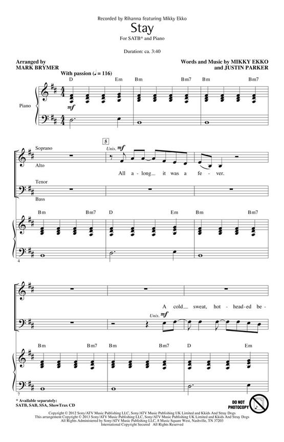 Ekko Mikky/Parker Justin Stay (Arr Brymer Mark) Showtrax Cd