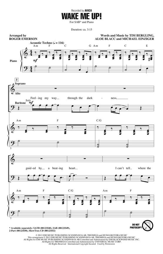Avicii Wake Me Up (Arr Emerson Roger) Sab Choral
