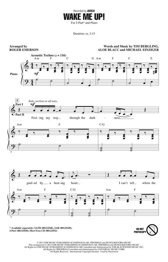 Avicii Wake Me Up (Arr Emerson Roger) 2 Part Choral