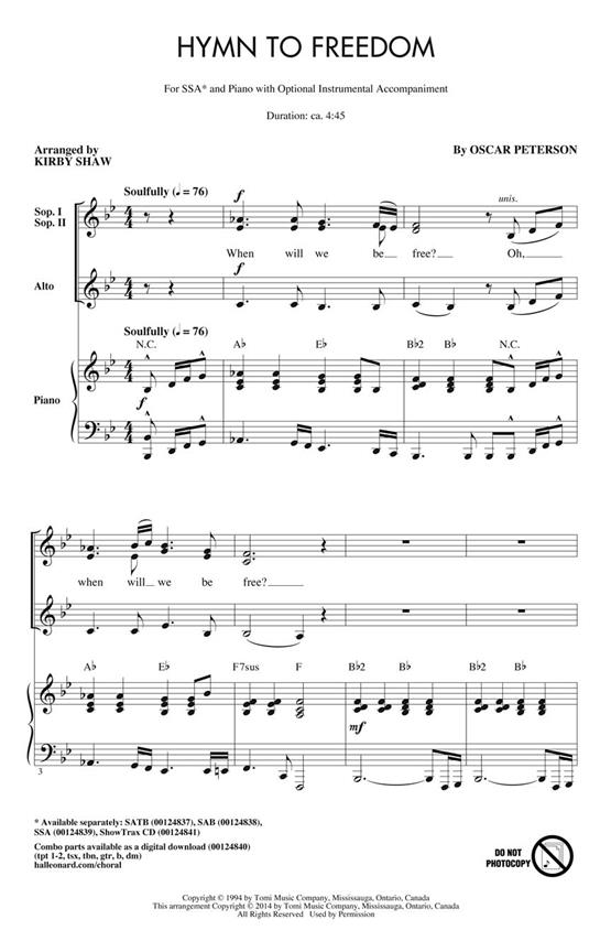 Peterson Oscar Hymn To Freedom (Arr Shaw Kirby) Ssa Choral