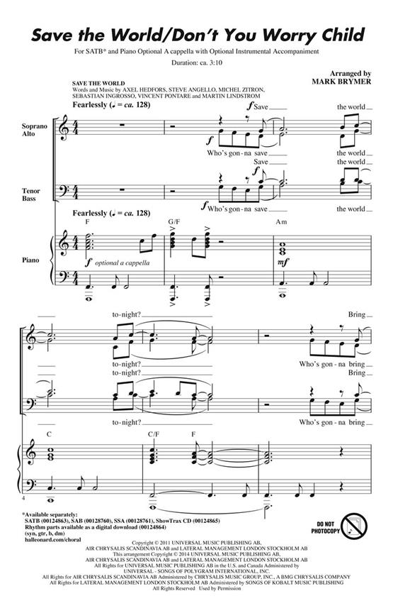Save The World/Don't You Worry Child (Arr Brymer Mark) Showtrax Cd