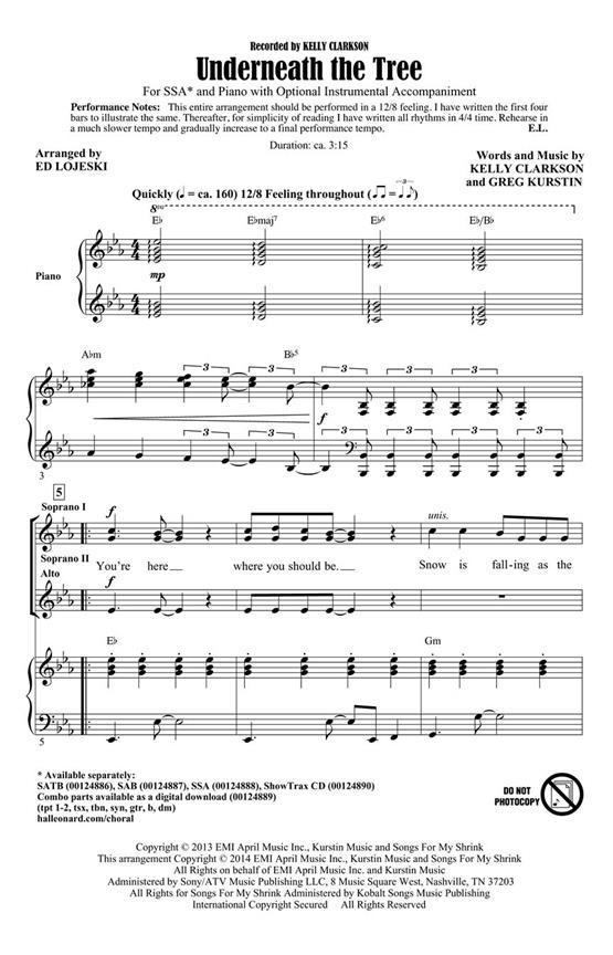 Clarkson Kelly Underneath The Tree (Arr Lojeski Ed) Ssa Choral