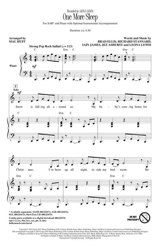 Lewis Leona One More Sleep (Arr Huff Mac) Sab Choral