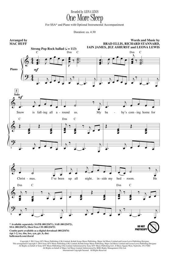 Lewis Leona One More Sleep (Arr Huff Mac) Ssa Choral
