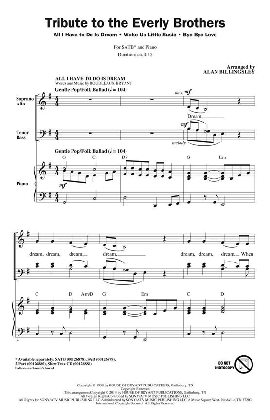 Bryant Tribute Everly Brothers Choral Medley (Billingsley) Showtrax Cd