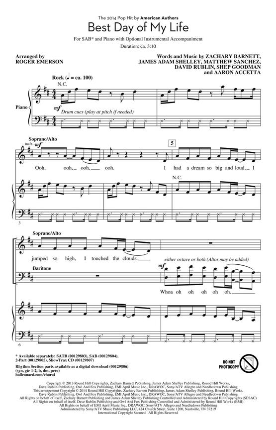 American Authors Best Day Of My Life (Arr Emerson Roger) Sab Choral