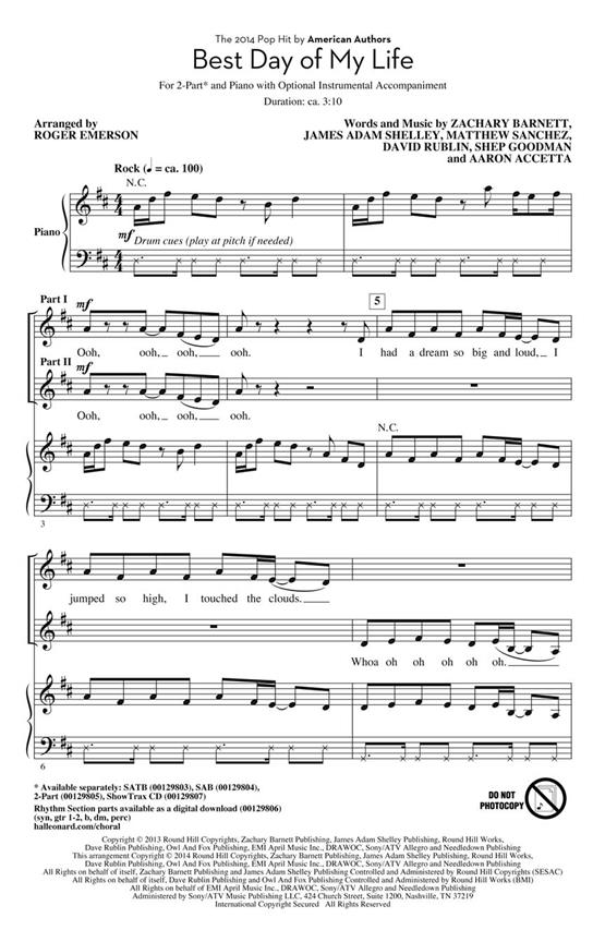 American Authors Best Day Of My Life (Arr Emerson Roger) 2 Part Choral