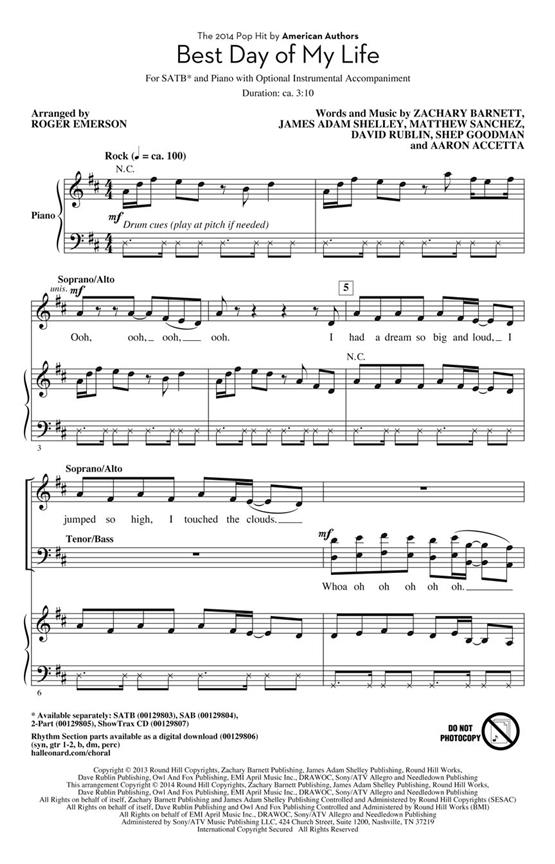 American Authors Best Day Of My Life (Arr Emerson Roger) Showtrax Cd