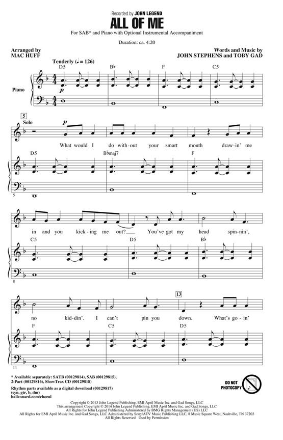 Legend John All Of Me (Arr Huff Mac) Sab Choral