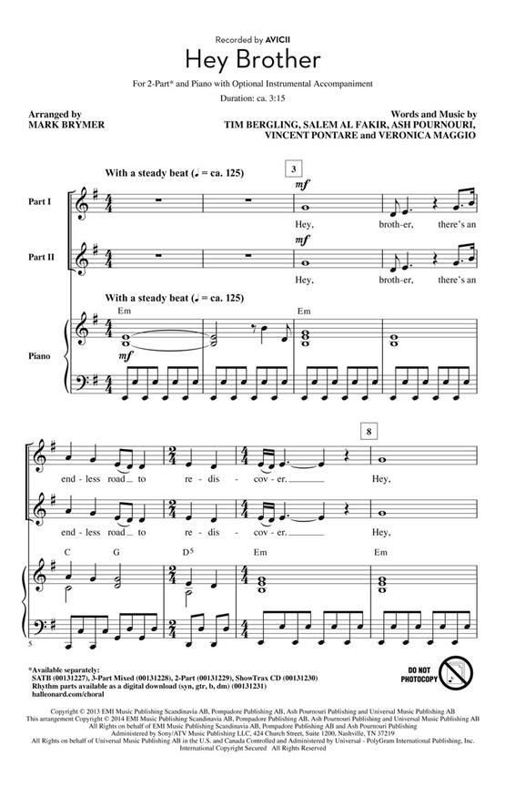 Avicii Hey Brother (Arr Brymer Mark) 2 Part Choral