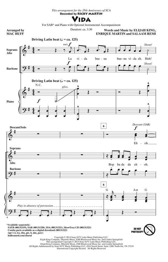 Martin/King/Remi Vida (Arr Huff Mac) Sab Choral