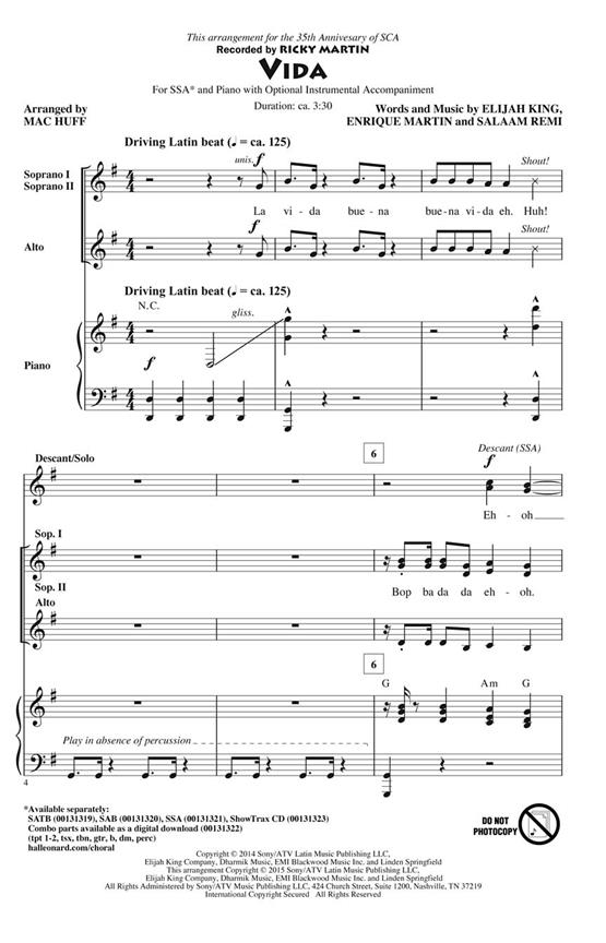 Martin/King/Remi Vida (Arr Huff Mac) Ssa Choral