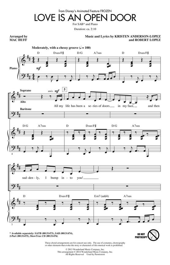 Love Is An Open Door From Frozen (Arr Huff Mac) Sab Choral