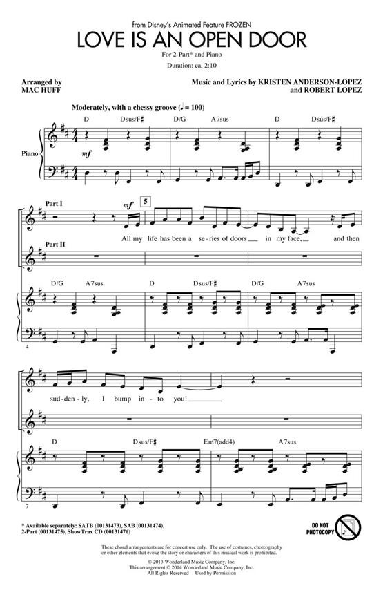 Love Is An Open Door From Frozen (Arr Huff Mac) 2 Part Choral