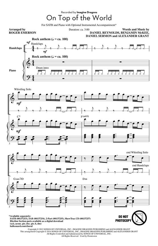 Imagine Dragons On Top Of The World (Arr Emerson Roger) Showtrax Cd