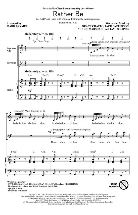 Clean Bandit Rather Be (Arr Brymer Mark) Sab Choral