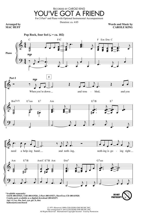 King Carole You've Got A Friend (Arr Huff Mac) 2 Part Choral