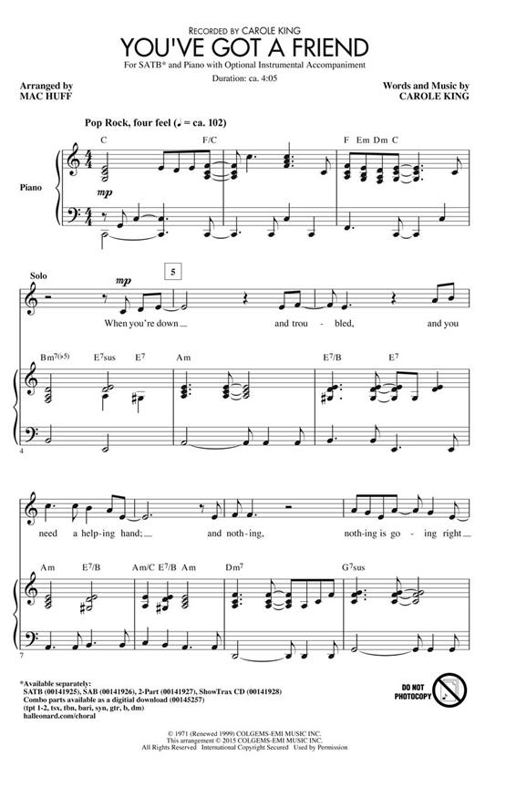 King Carole You've Got A Friend (Arr Huff Mac) Showtrax Cd