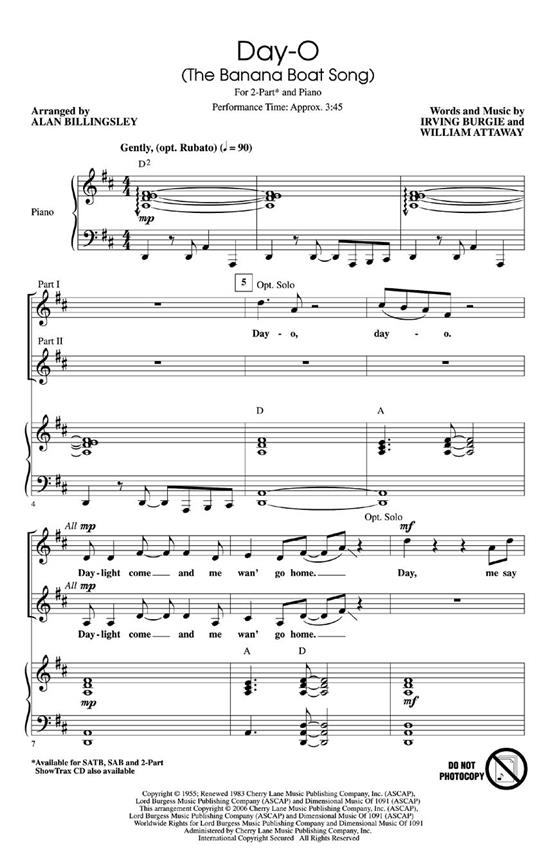 BURGIE/ATTAWAY DAY-O THE BANANA BOAT SONG (BILLINGSLEY) 2 PART CHORAL