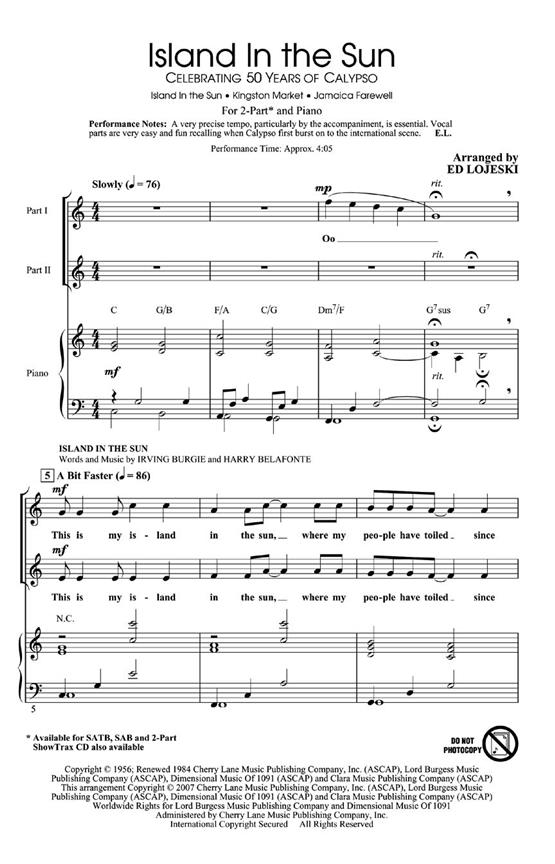 Burgie Irving Island In The Sun (Arr Lojeski Ed) 2 Part Choral