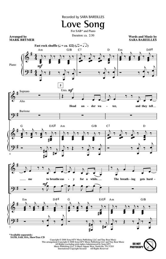 SARA BAREILLES LOVE SONG (ARR MARK BRYMER) SAB CHORAL SHEET