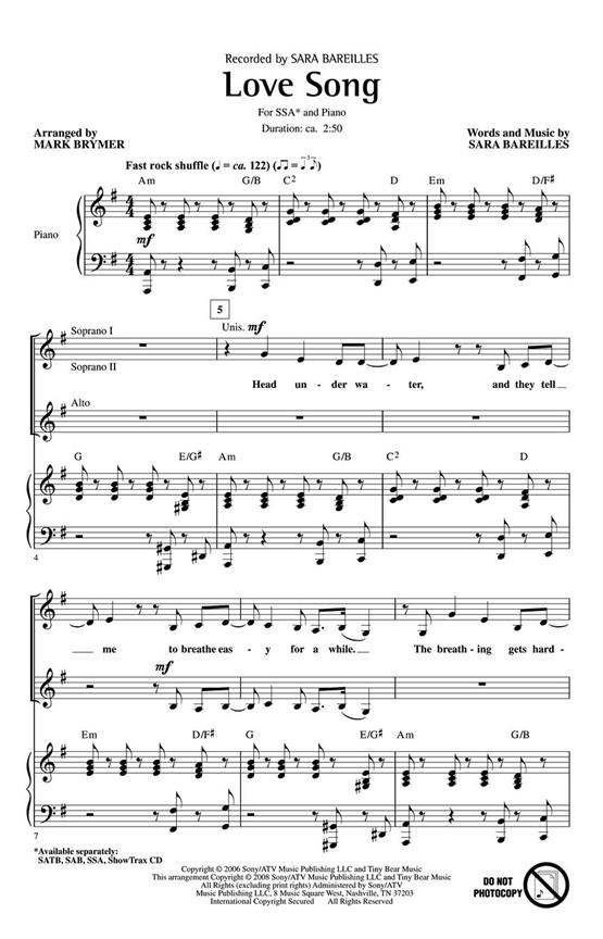 SARA BAREILLES LOVE SONG (ARR MARK BRYMER) SSA CHORAL
