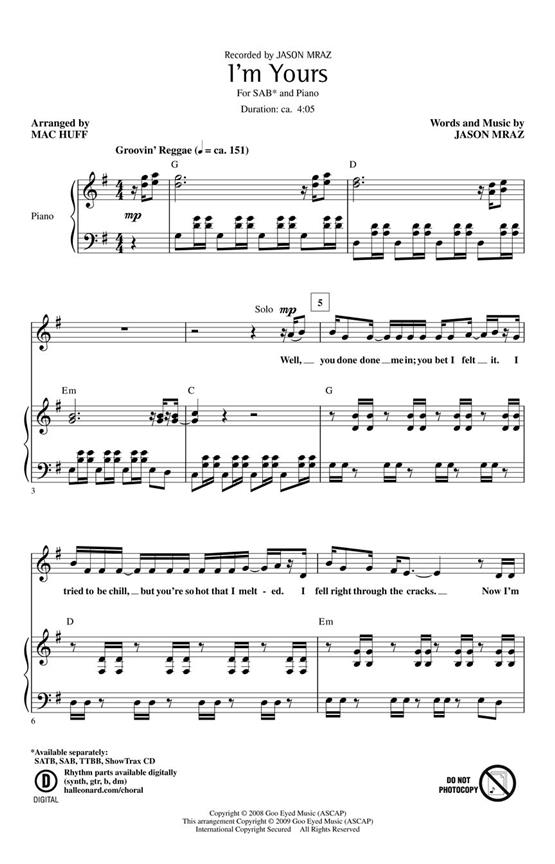 Mraz Jason I'm Yours (Arr Huff Mac) Sab Choral