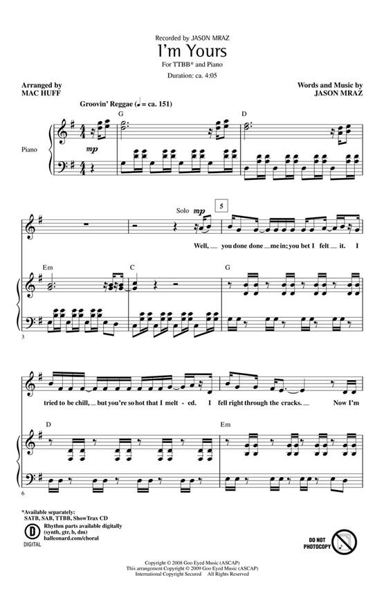 MRAZ JASON I'M YOURS (HUFF MAC) TTBB CHORAL SHEET MUSIC