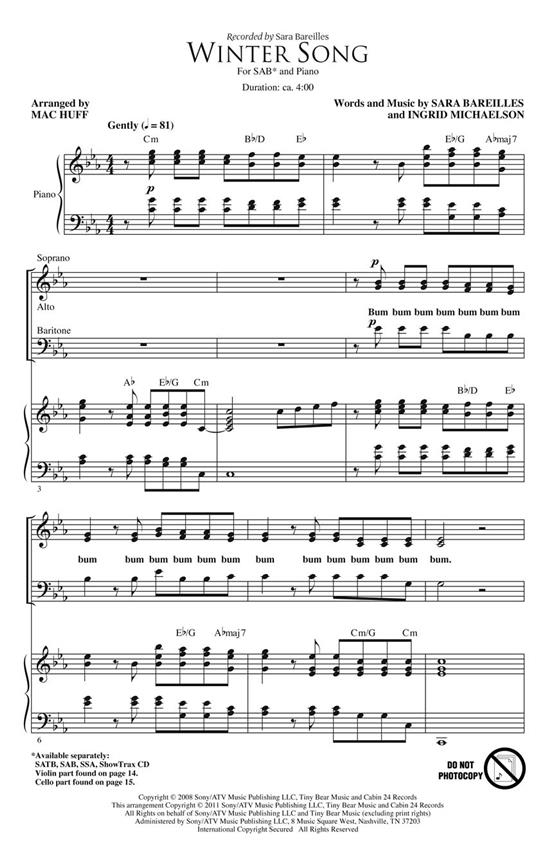 Bareilles Sara/Michaelson Ingrid Winter Song (Arr Huff Mac) Sab Choral