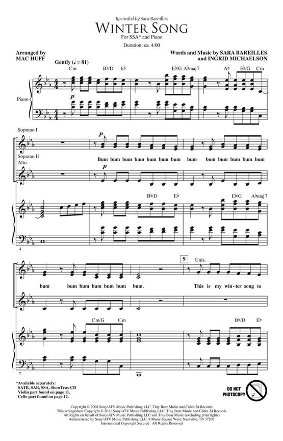 Bareilles Sara/Michaelson Ingrid Winter Song (Arr Huff Mac) Ssa Choral