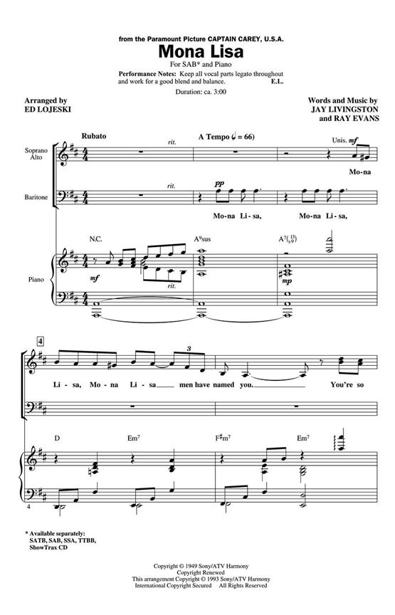 Livingston Jay/Evans Ray Mona Lisa (Arr Lojeski Ed) Sab Choral