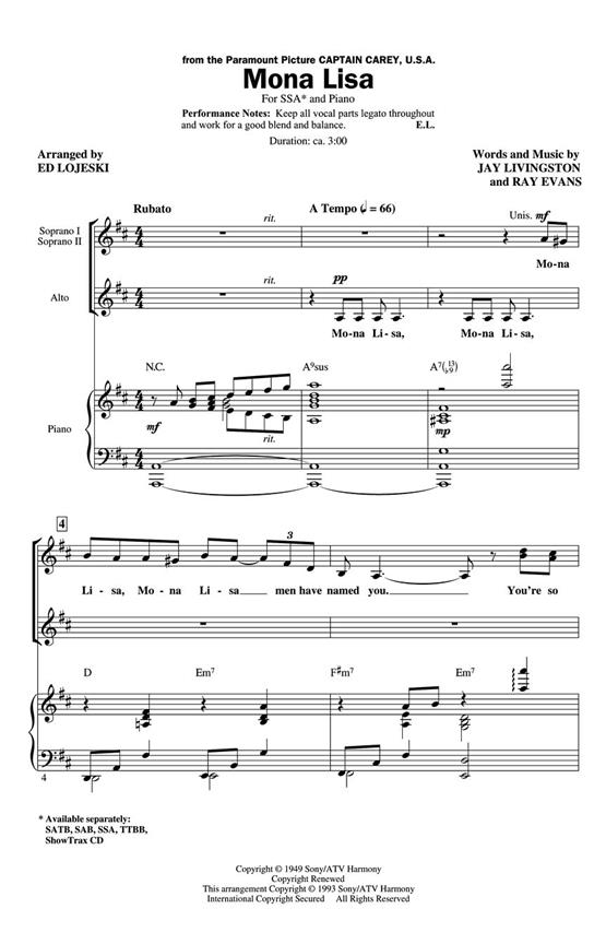 Livingston Jay/Evans Ray Mona Lisa (Arr Lojeski Ed) Ssa Choral