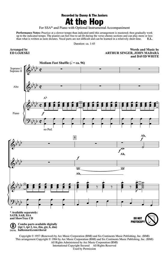 Singer/White/Madara At The Hop (Arr Lojeski Ed) Ssa Choral