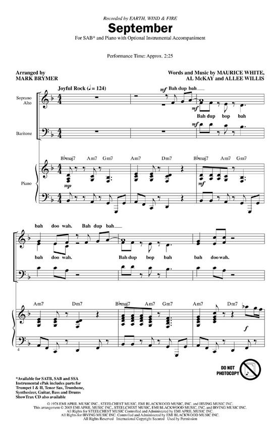 EARTH WIND & FIRE SEPTEMBER (BRYMER MARK) SAB CHORAL