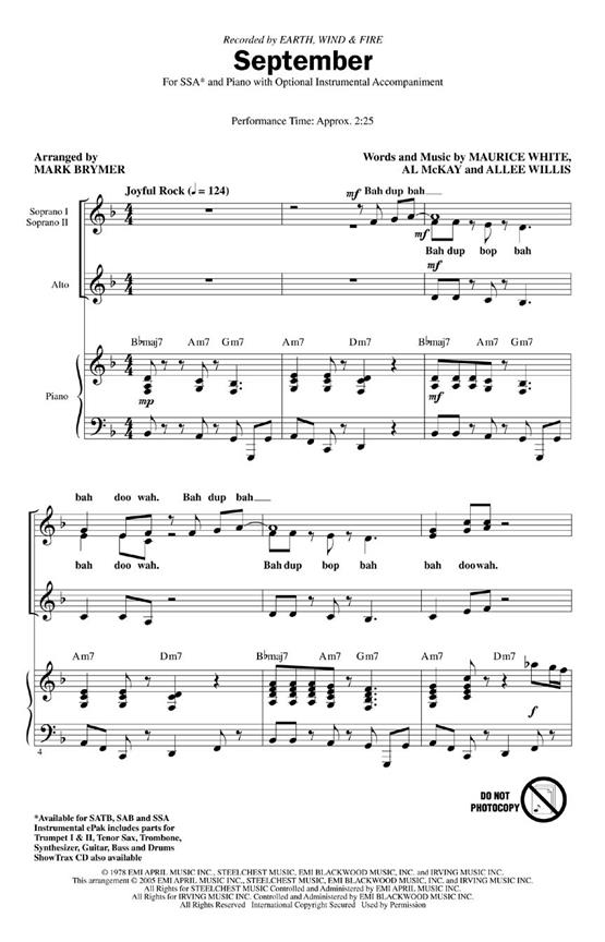 EARTH WIND & FIRE SEPTEMBER (ARR BRYMER MARK) SSA CHORAL