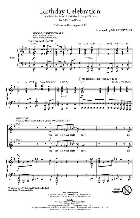 Birthday Celebration Medley (Arr Brymer Mark) 2 Part Choral